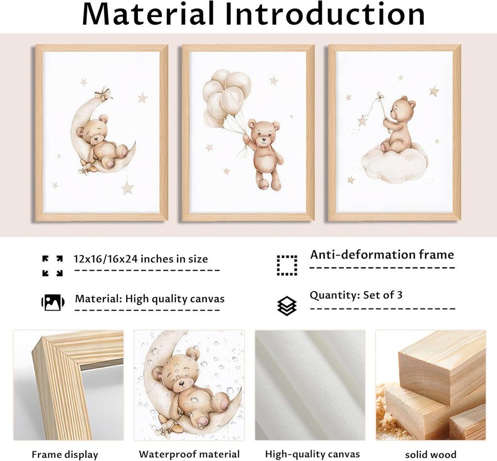 Framed Teddy Bear Wall Art Nursery Decor Set of 3, Bear Sleeping on The Moon and Stars Pictures Canvas, Neutral Bears