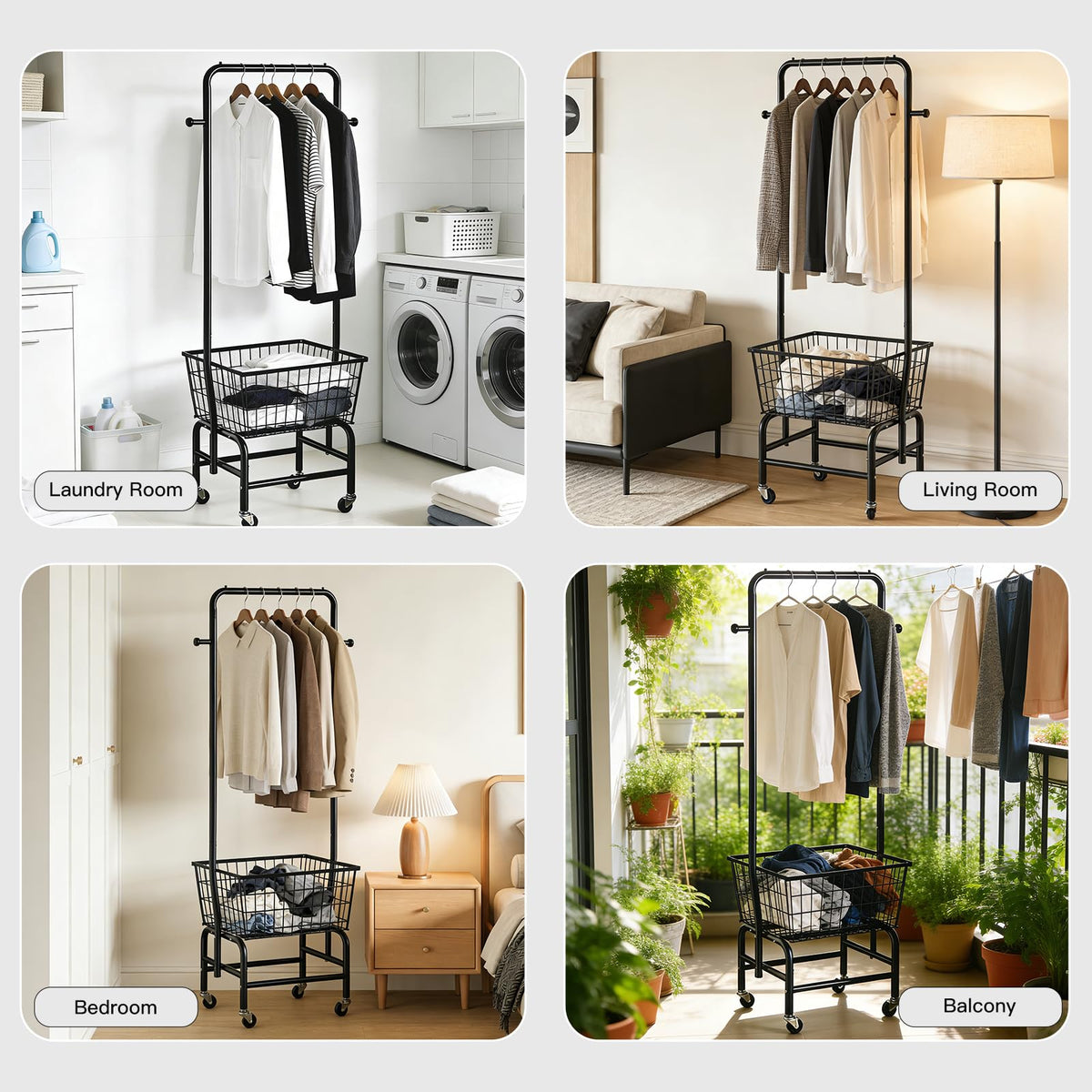 Laundry Basket With Wheels Rolling Laundry Cart with Hanging Rack