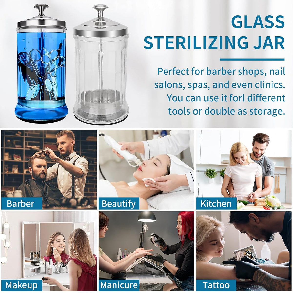 Disinfectant Sterilizer Glass Jar - Capacity 21 Oz Glass with Removable Strainer Tray for Cleaning, Storage &