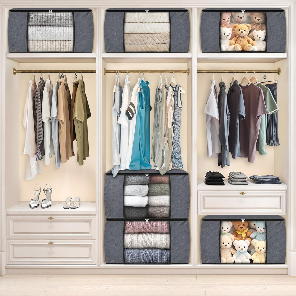 6 Pack Storage Bags for Clothes and Blanket, Foldable Closet Organizers and Storage with Zippers, Clear Window and