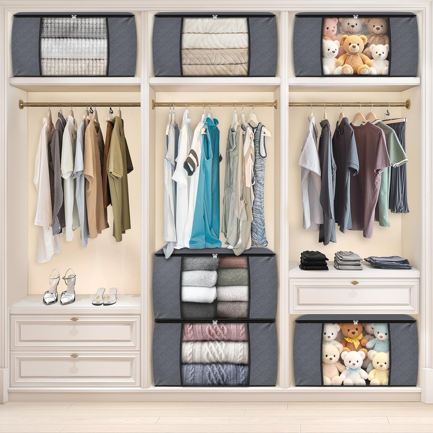 6 Pack Storage Bags for Clothes and Blanket, Foldable Closet Organizers and Storage with Zippers, Clear Window and