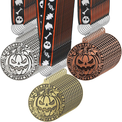 36 Pcs Halloween Pumpkin Medals Bulk 2 Inch Metal Halloween Awards Medals Pumpkin Trophy with Neck Ribbons, Gold