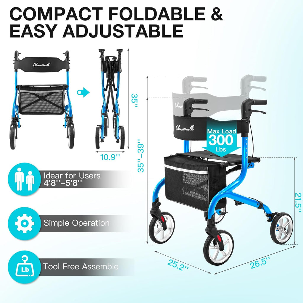 Super Lightweight Rollator Walker for Seniors, Foldable Rolling Walker with Seat and 8" Rubber Wheels for All