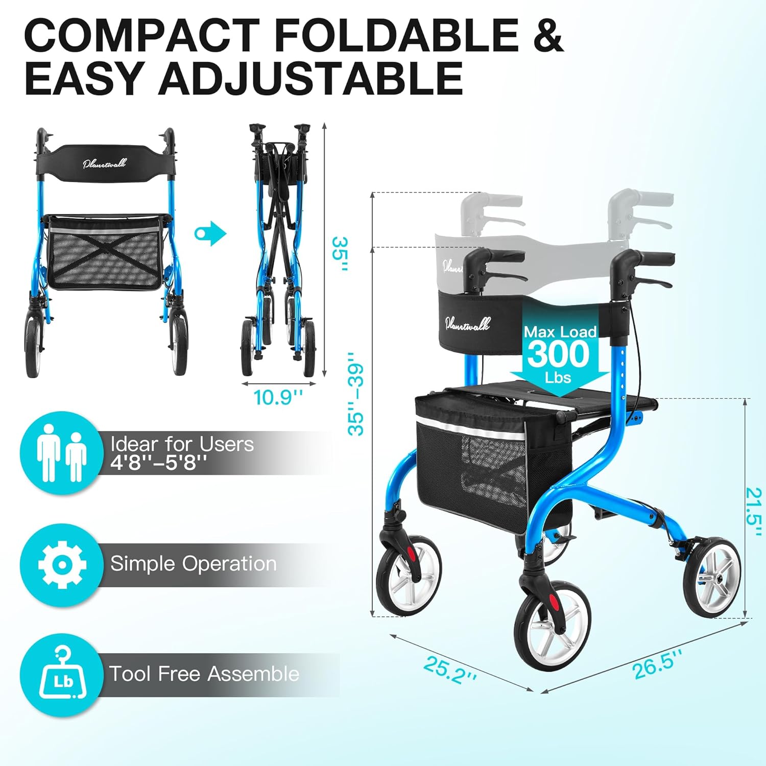 Super Lightweight Rollator Walker for Seniors, Foldable Rolling Walker with Seat and 8" Rubber Wheels for All