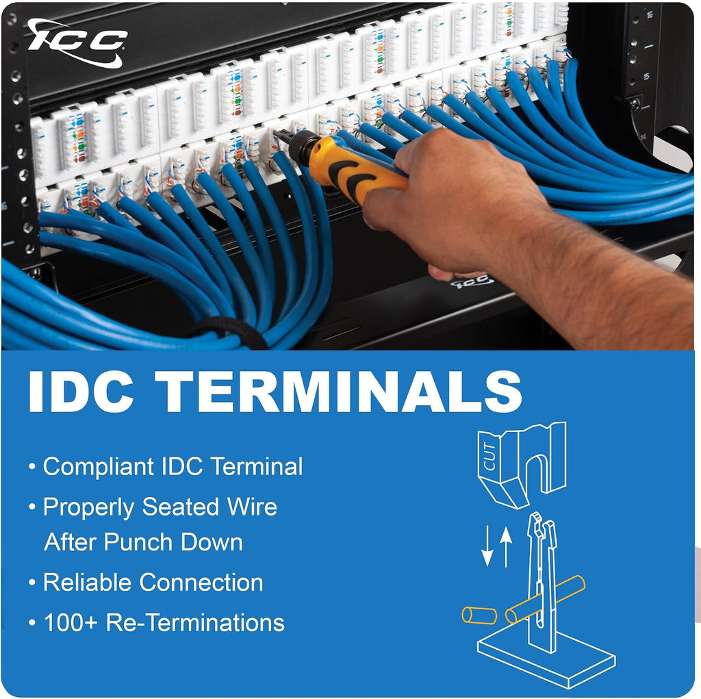 ICC CAT6 RJ45 Patch Panel, 24-Port 1U 19-Inch Rackmount, Black, 1-Pack