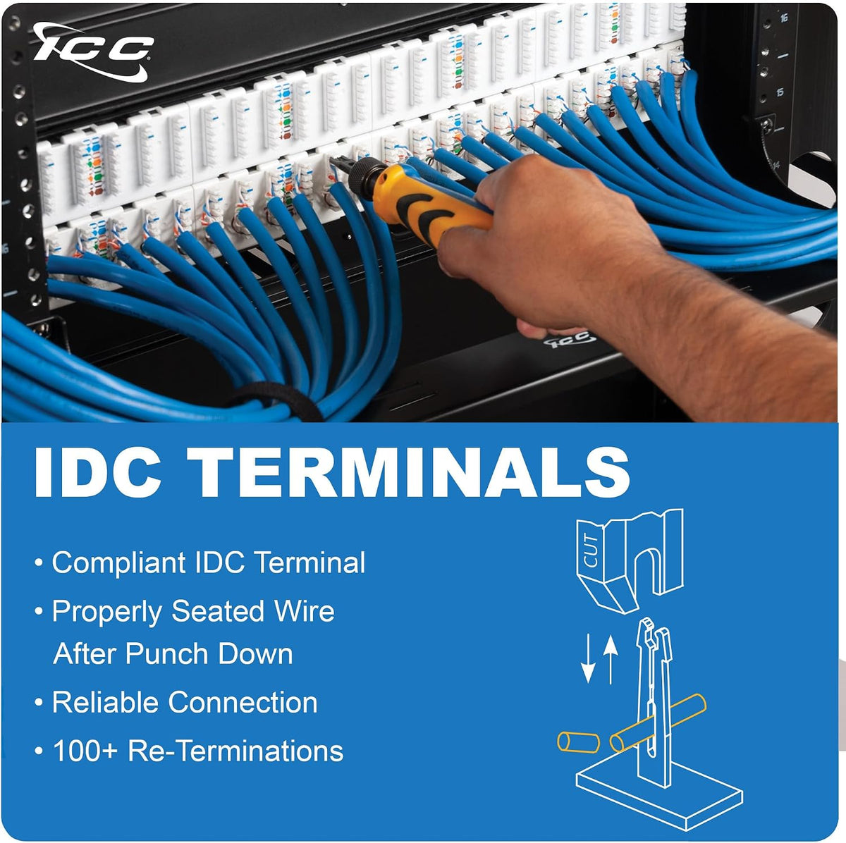 ICC CAT6 RJ45 Patch Panel, 24-Port 1U 19-Inch Rackmount, Black, 1-Pack