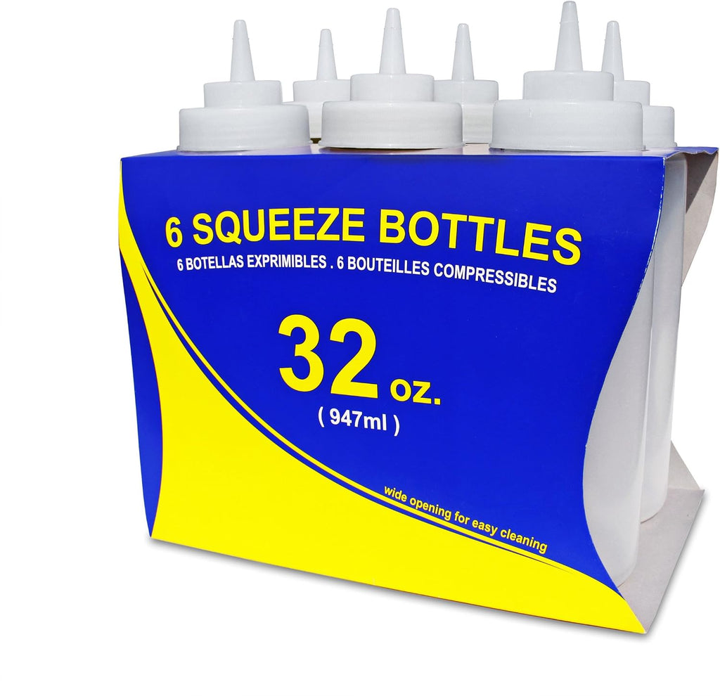 Plastic Squeeze Bottles, 32oz, Clear, 6 pk