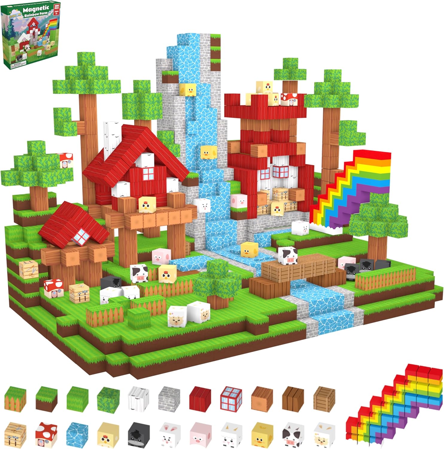 Magnetic Blocks 200PCS with 3 Light-Up Pieces, Rainbow Farm Pals Building Cube Set, STEM Educational Toys for Kids