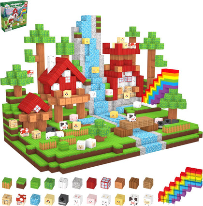 Magnetic Blocks 200PCS with 3 Light-Up Pieces, Rainbow Farm Pals Building Cube Set, STEM Educational Toys for Kids