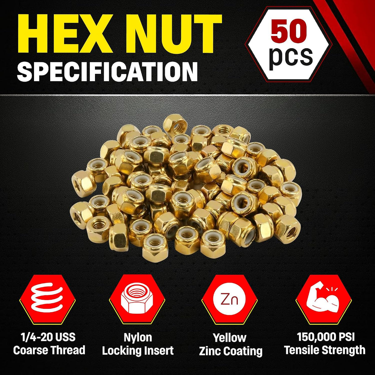 Chenango Supply 1/4-20 USS Nylon Insert Lock Nuts, Grade 8 (50 Pieces)