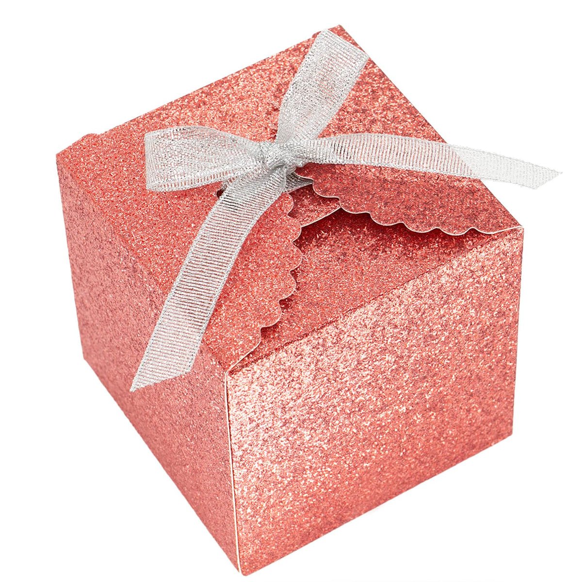 Red Glitter 4x4x4 Gift Boxes with Silver Ribbon, 10 Small Cube Box