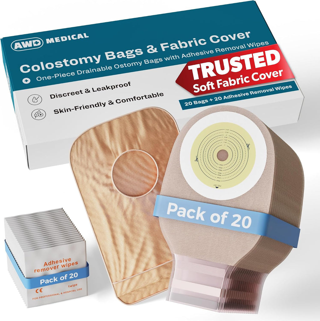 20 Pk Colostomy Bags, One-Piece Drainable Cut-to-Fit, Tan