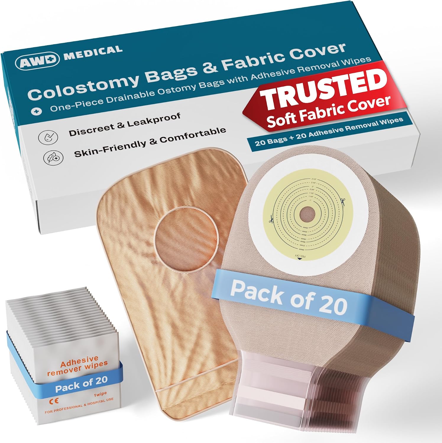 20 Pk Colostomy Bags, One-Piece Drainable Cut-to-Fit, Tan