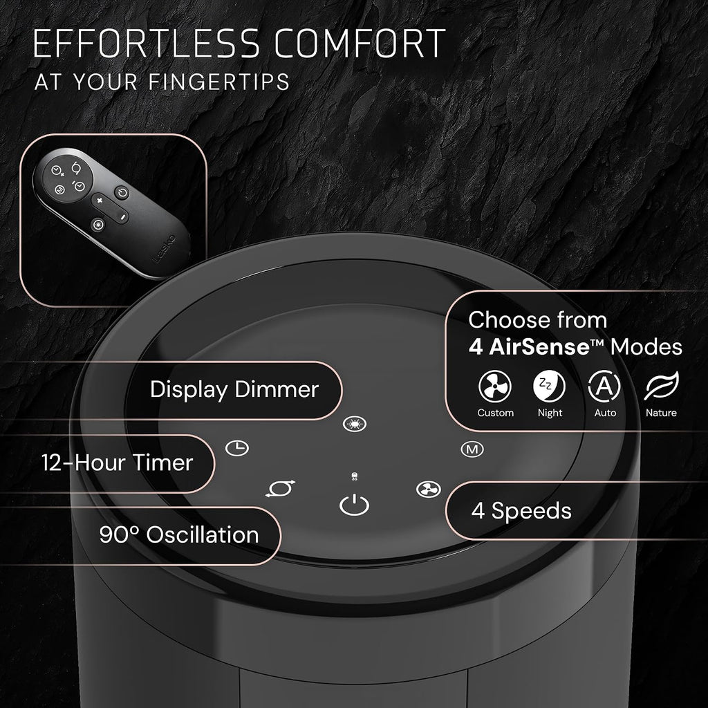 Elevation DC Tower Fan with Remote - 42" to 54" - EST100 - Black | Adjustable Oscillating Standing Fan for Bedroom