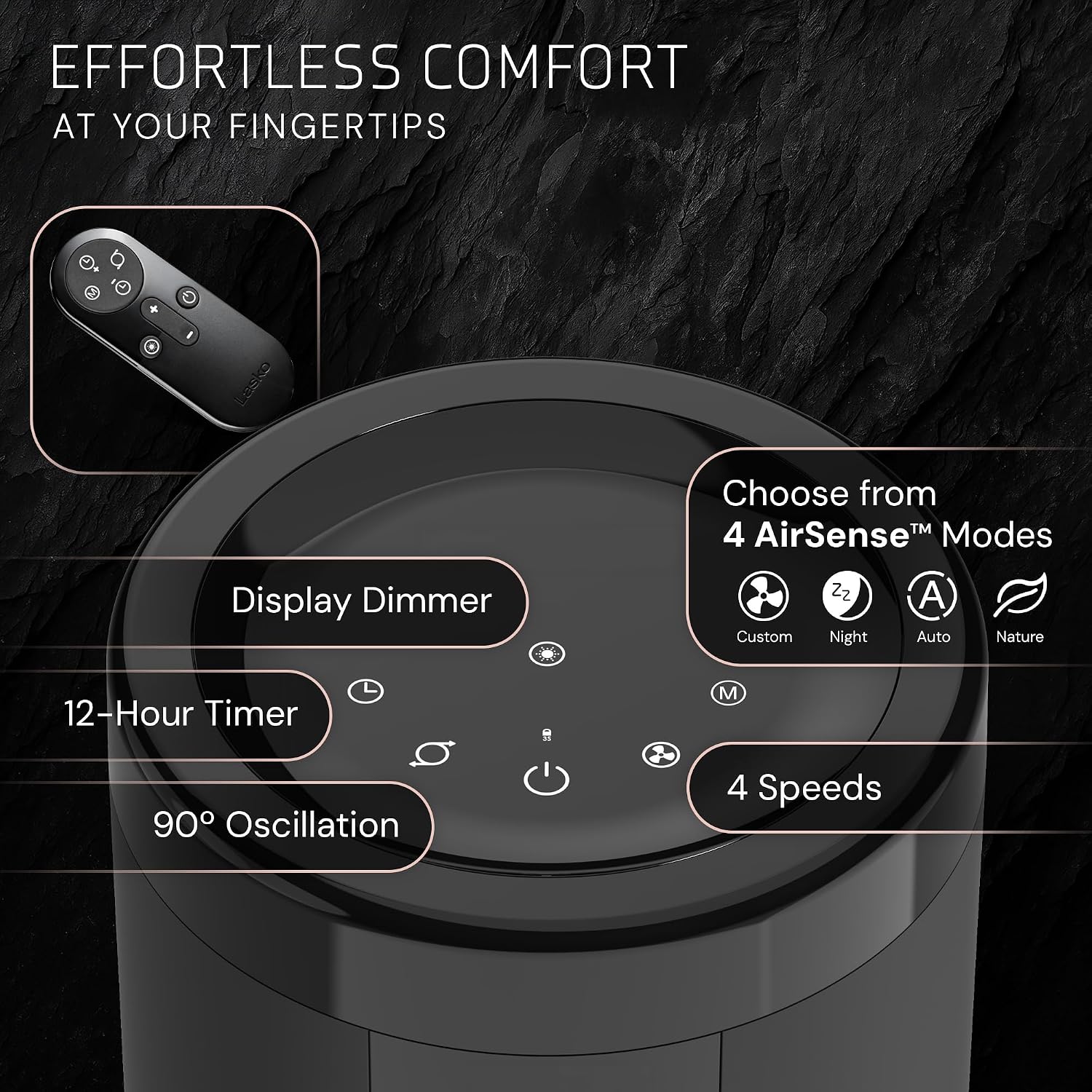 Elevation DC Tower Fan with Remote - 42" to 54" - EST100 - Black | Adjustable Oscillating Standing Fan for Bedroom