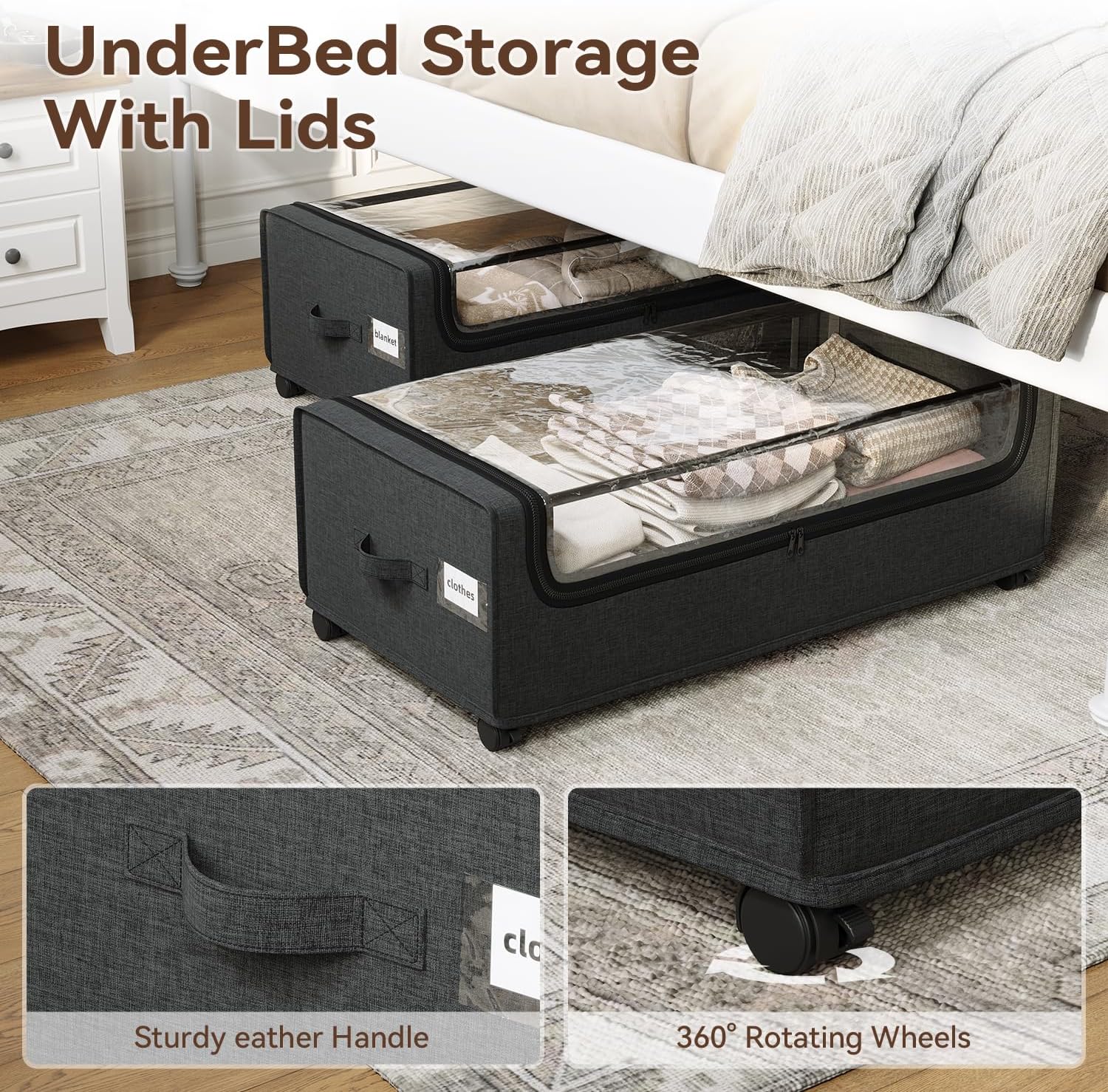 Under Bed Storage With Wheels, XXXXL Large Underbed Storage Organizer, 90L Capacity