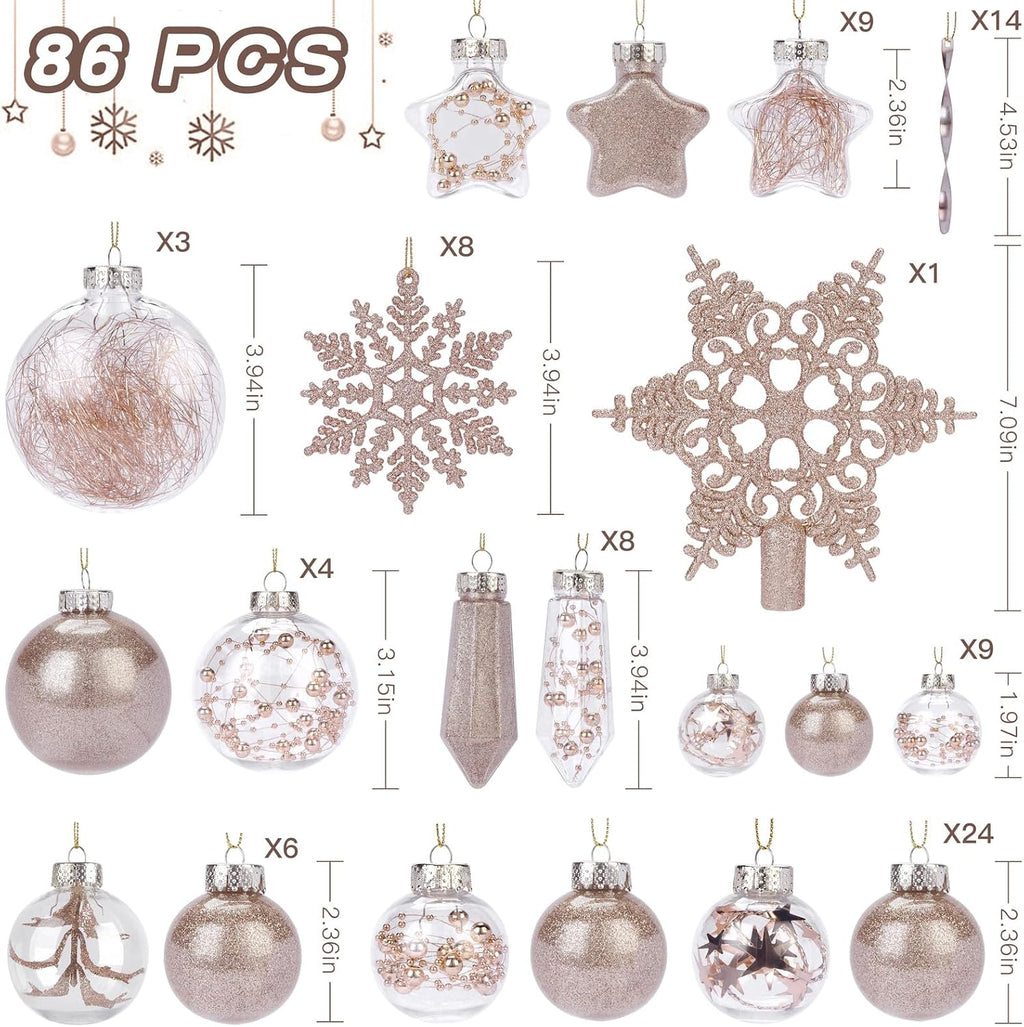 86PCS Christmas Tree Ornaments Clear Set,Shatterproof and Clear Plastic Baubles for Xmas Tree Decor, Holiday Wedding
