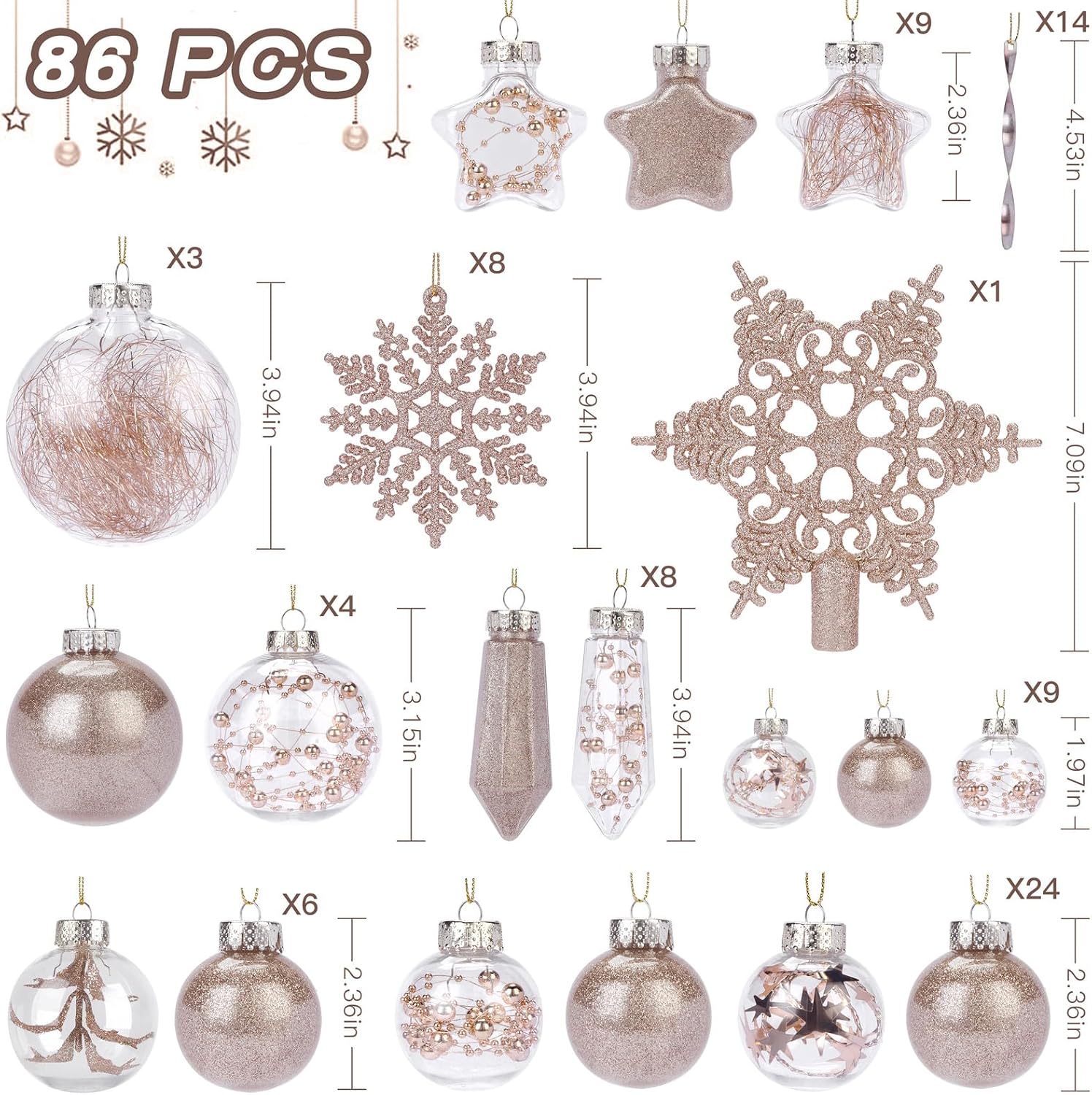 86PCS Christmas Tree Ornaments Clear Set,Shatterproof and Clear Plastic Baubles for Xmas Tree Decor, Holiday Wedding