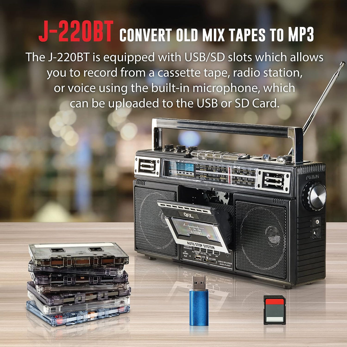 Retro Bluetooth Boombox Cassette Tape Player Recorder, J-220BT, Black | Portable, Dual 3" Speakers, AM/FM/SW1/SW2