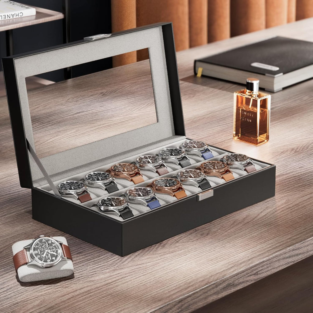 Watch Box Organizer, 12 Slot Watch Display Case, Black | Watches Storage Boxes Holder for Men Women, Large Glass Lid