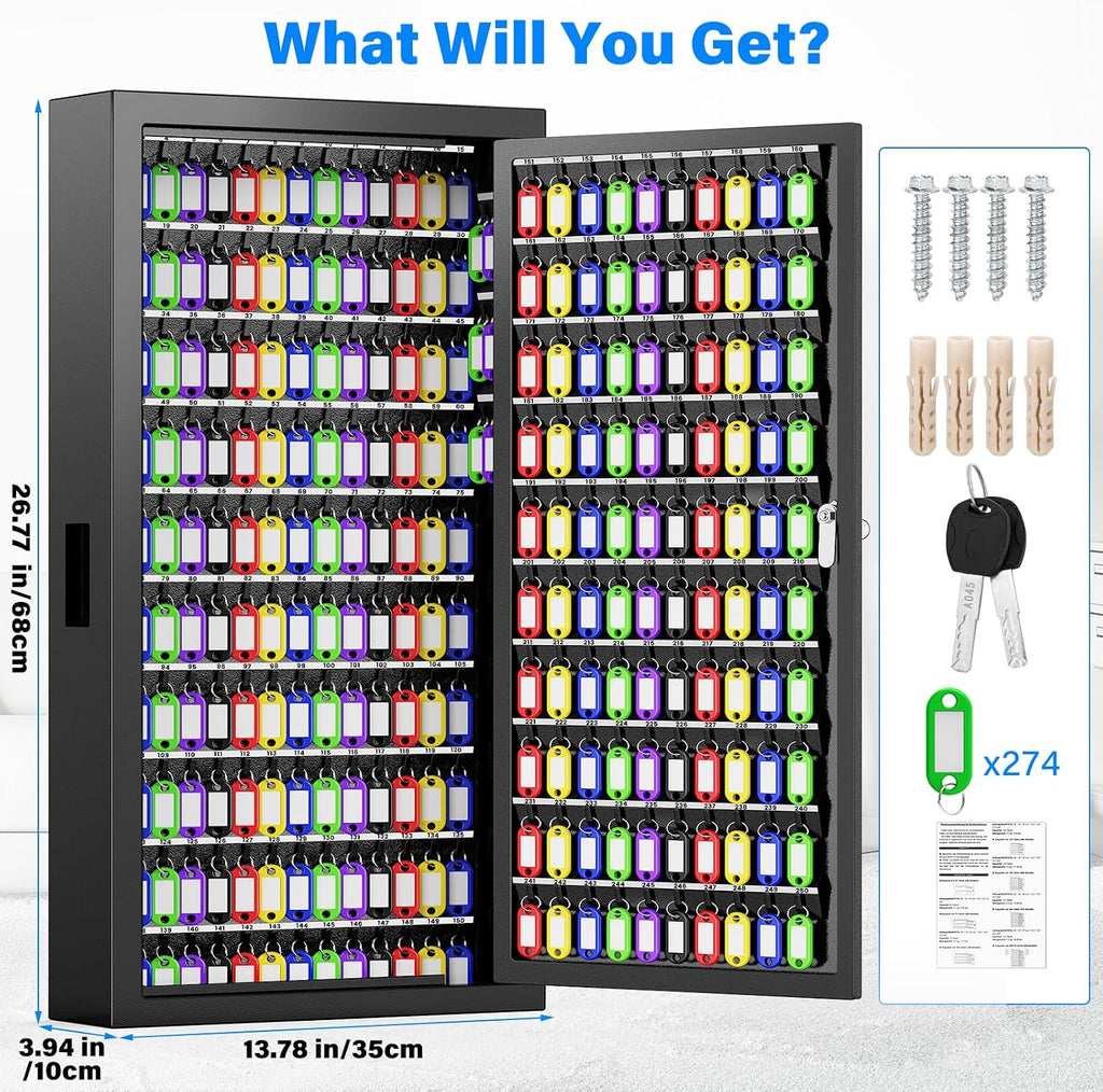 250 Keys Key Lock Box Wall Mount with Additional 24 Side Hooks and Key Tags | Anti-Theft Key Cabinet with Side Drop