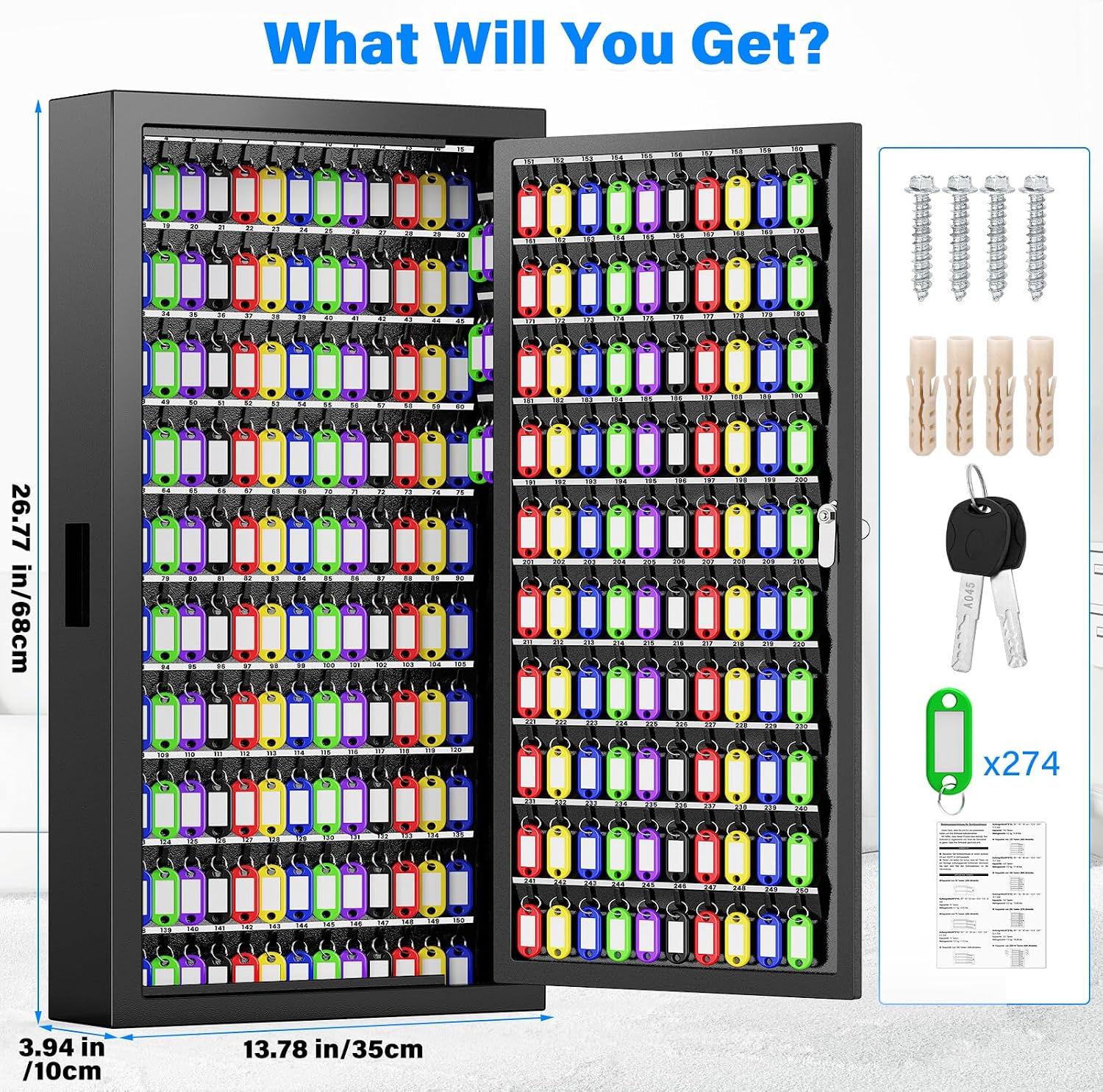 250 Keys Key Lock Box Wall Mount with Additional 24 Side Hooks and Key Tags | Anti-Theft Key Cabinet with Side Drop
