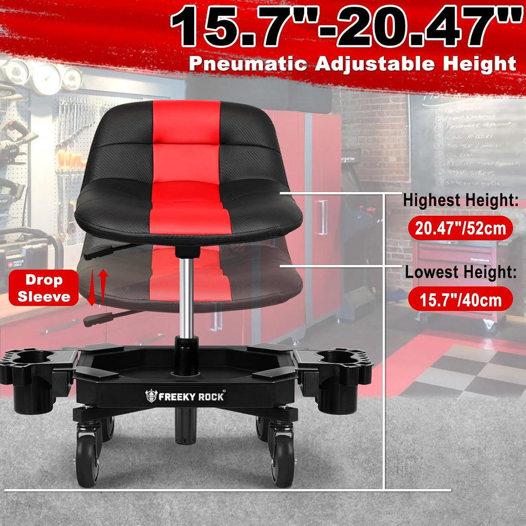 Rolling Stool with Wheels, Adjustable Height Pneumatic Garage Work Mechanic Stool Seat with Backrest, 400 LBS