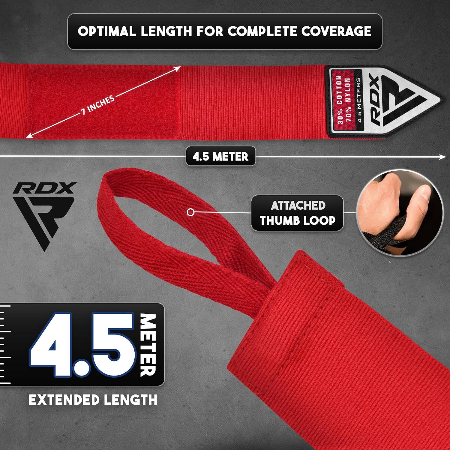 Boxing Hand Wraps 4.5M / 180 Inches – Mexican Style Semi-Elastic MMA Inner Gloves - Wrist Support for Muay Thai