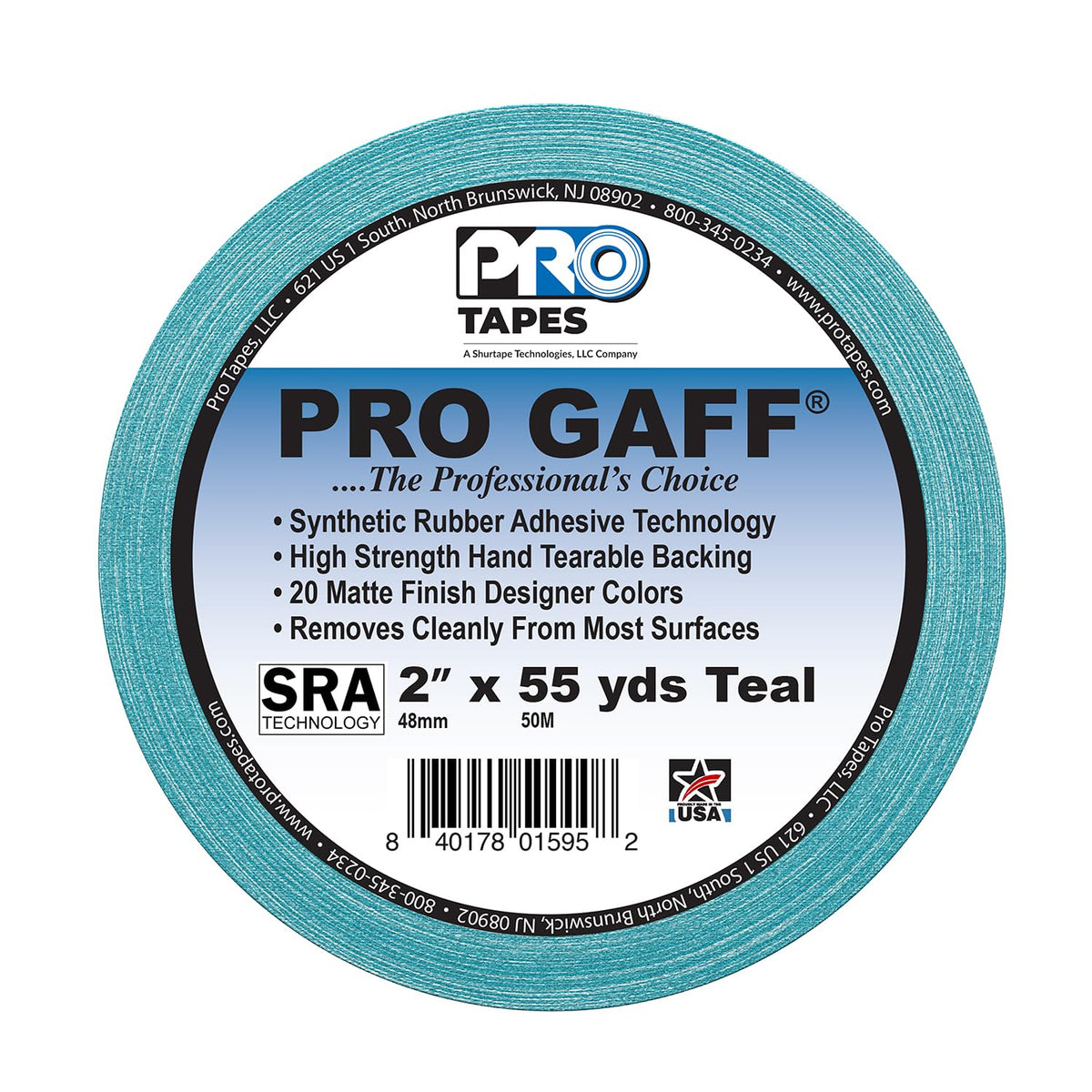Tapes Pro Gaff Premium Matte Cloth Gaffer's Tape With Rubber Adhesive, 11 mils Thick, 55 yds Length, 2" Width, Teal