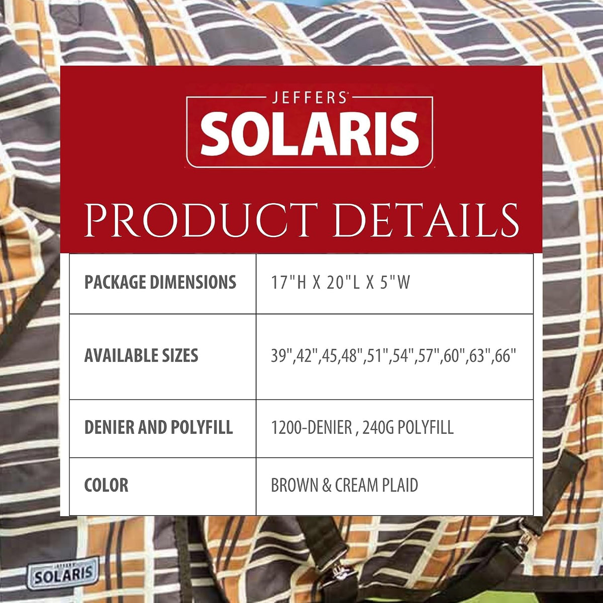 1200D Pony Turnout Blanket, 240G Fill, 54" - Brown & Cream Plaid