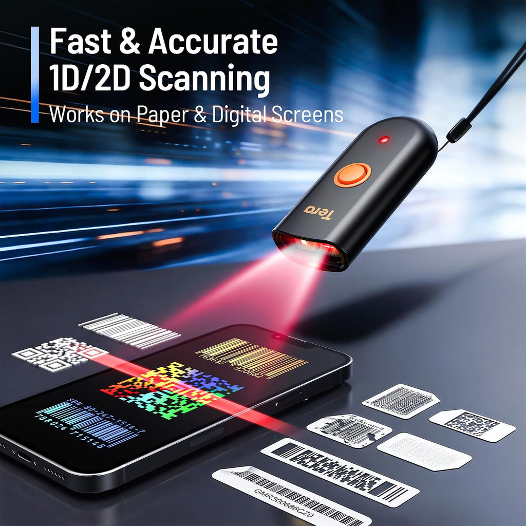 Barcode Scanner 2D Portable Wireless: BT 2.4G USB Pocket Reader, 1200 | IP66, 1.4oz Mini Size, 640*480 CMOS Rolling