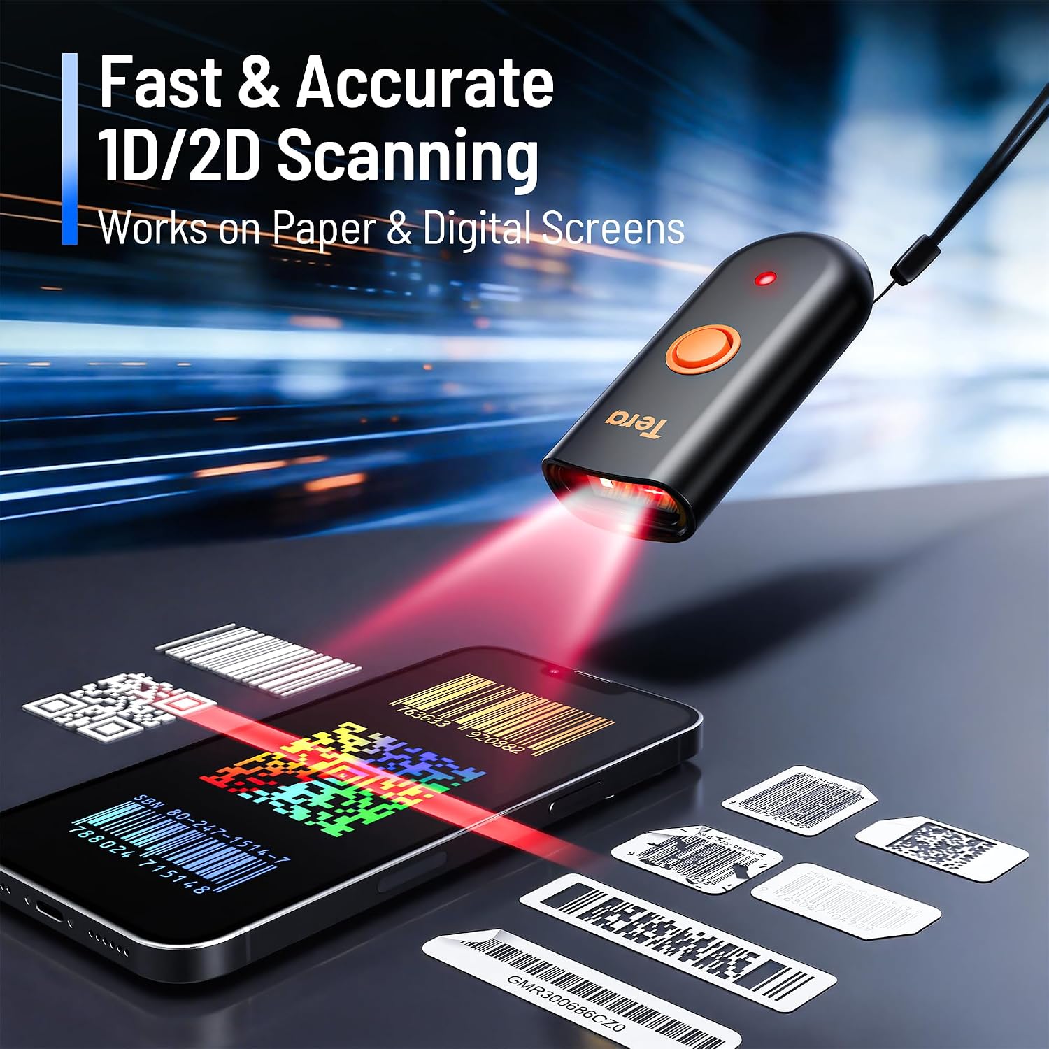 Barcode Scanner 2D Portable Wireless: BT 2.4G USB Pocket Reader, 1200 | IP66, 1.4oz Mini Size, 640*480 CMOS Rolling