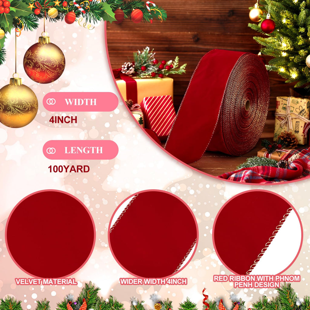 4" X 100 Yds Red Wide Wired Velvet Ribbon, Waterproof