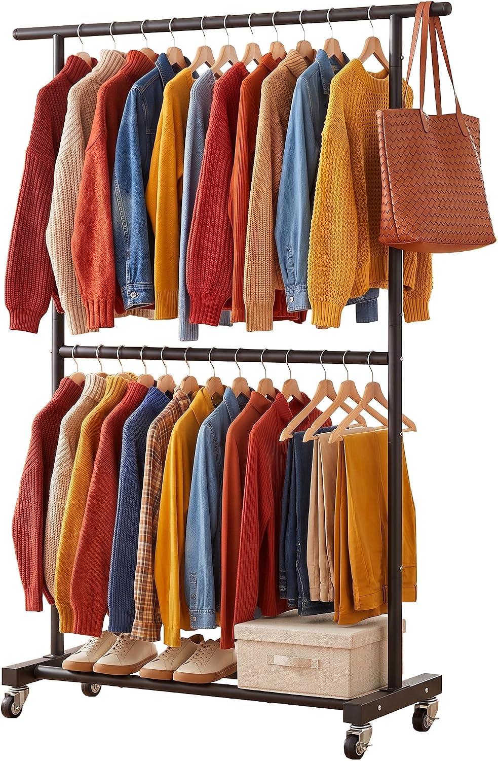 Double Rod Metal Clothing Garment Rack on Wheels, Black | Rolling Clothes Organizer, for Hanging Clothes,Coats,Easy
