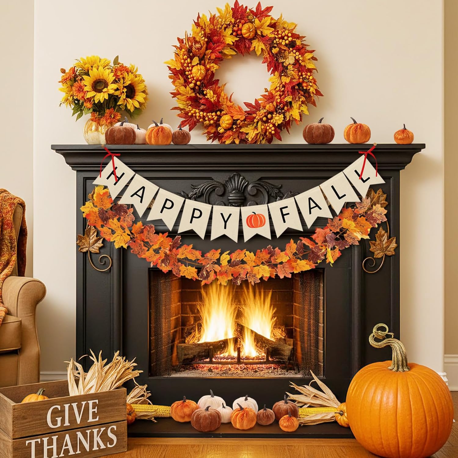 13 Pcs Fall Decorations Set, Happy Fall Banner with Bow Accents, Maple Leaf Garland and 9 Felt Pumpkins, Autumn