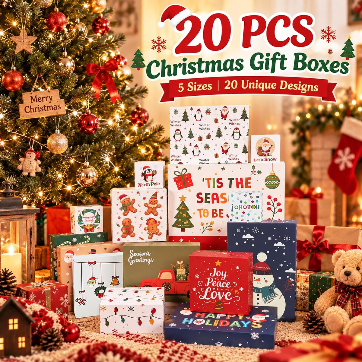 20 Pack Christmas Gift Boxes with Lids, 5 Sizes, 20 Festive Designs