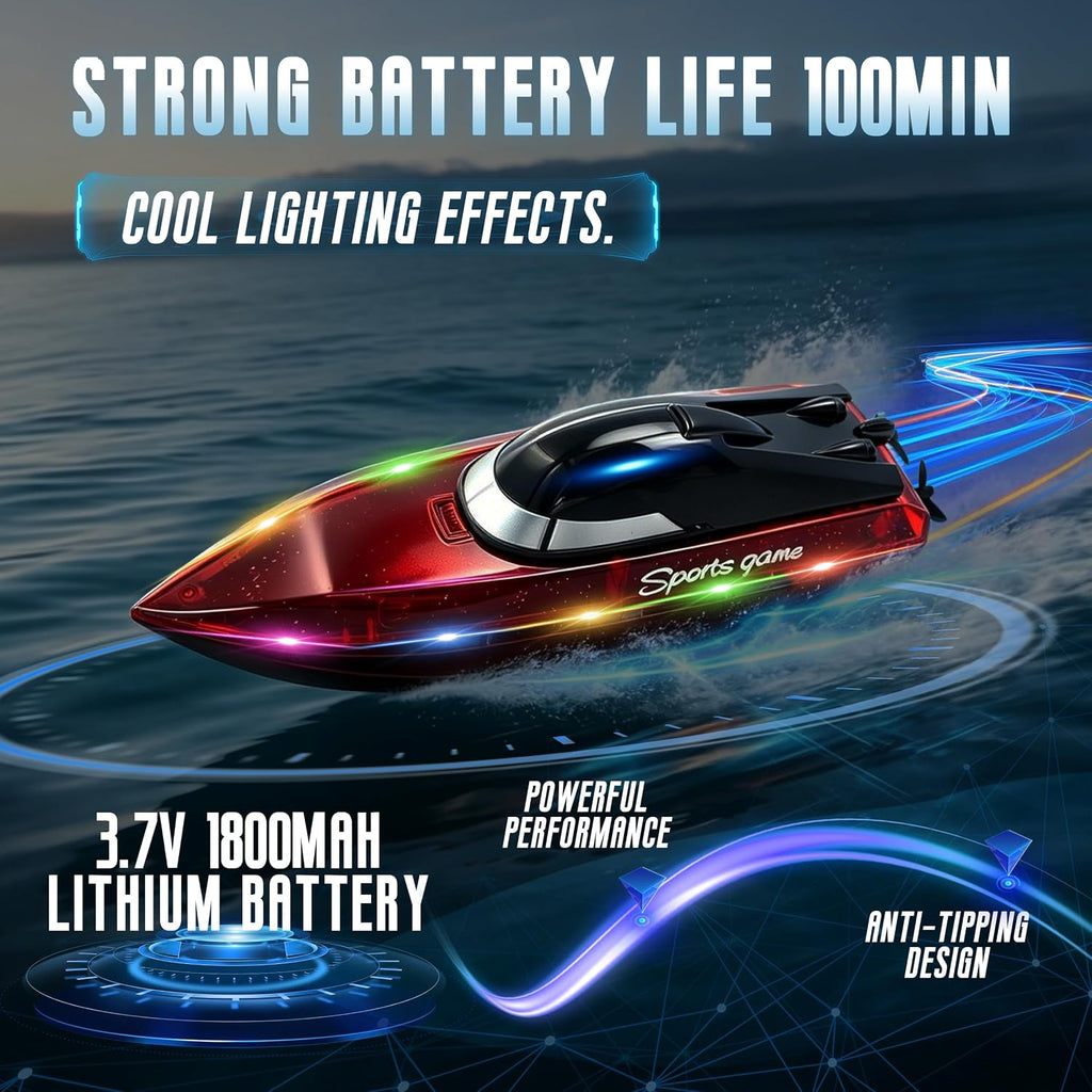 Remote Control Boat with 1800mAh Battery, Clear RC Boat with 10 LED Lights | 100 Min+ Auto Reverse 2.4 GHz Double