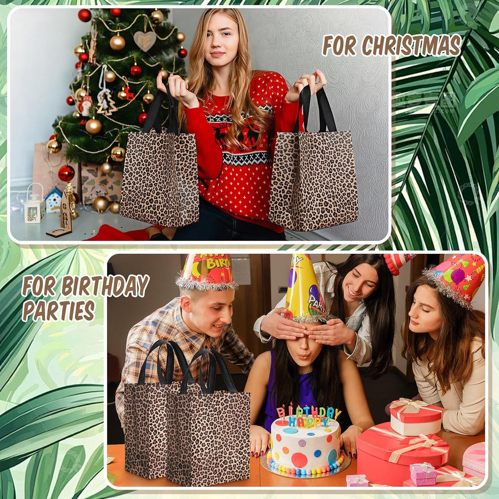 80 Pieces Leopard Gift Bags Set Glossy Reusable Tote with Handles Grocery Bags for Wedding, Bachelorette Party