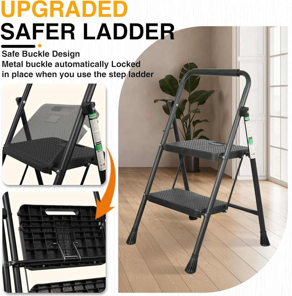 Step Ladder, Portable Steel Folding Step Stool with Wide Anti-Slip Pedal & Convenient Handgrip, Sturdy Steel Ladder