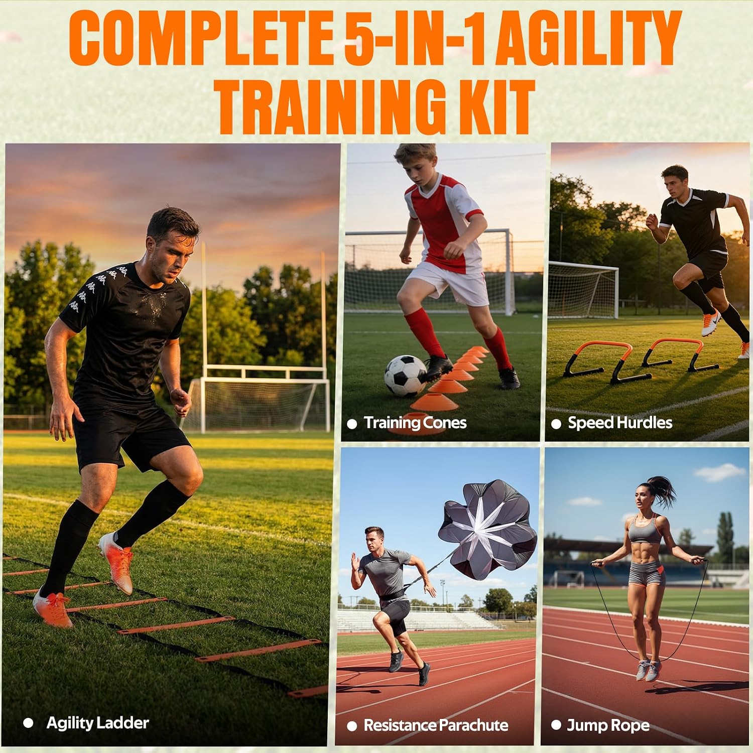 Agility Ladder, Soccer Football Training Equipment Set - 20ft Speed Ladder, 4 Hurdles,Parachute, 12 Cones & Jump Rope
