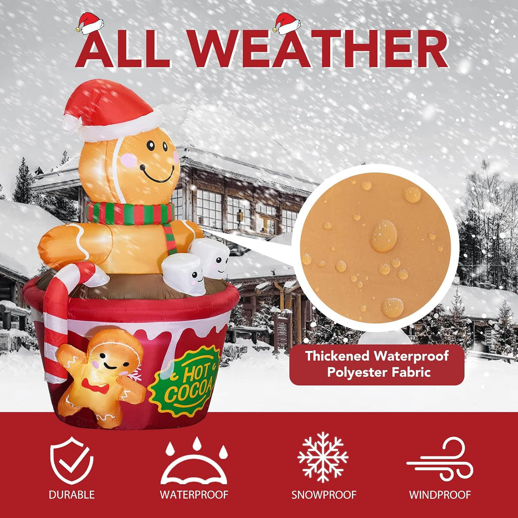 6 FT Christmas Inflatables Outdoor Decorations, Cute Christmas Blow Up Yard Decorations Gingerbread Man in Hot Cocoa