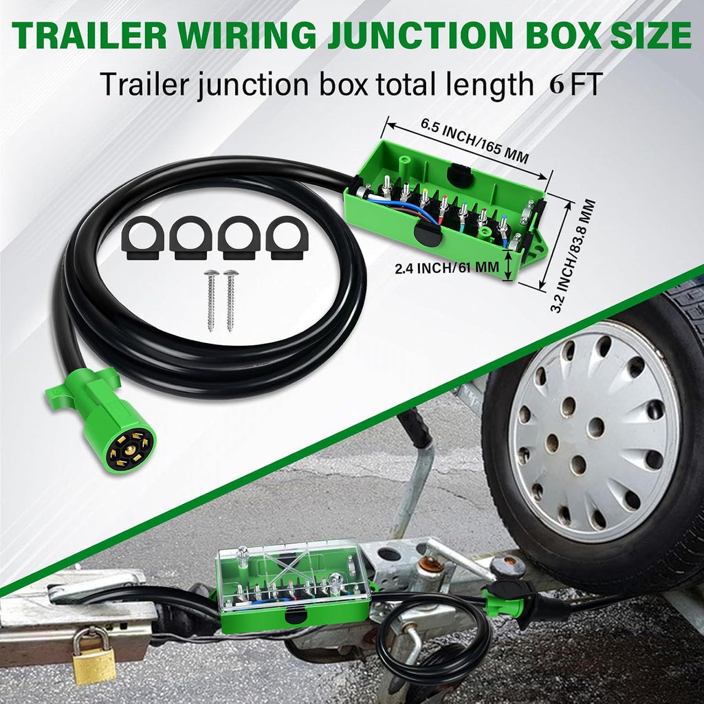 6 FT 7 Pin Trailer Wiring Harness with 7 Gang 7 Pin Trailer Junction Box Pure Copper 7 Way Plug Extension, Heavy Duty