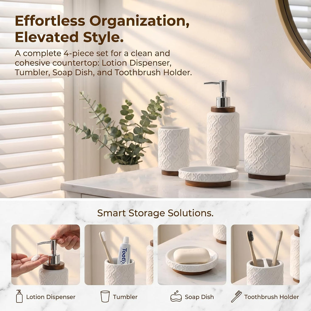 Ceramic 4-Piece Bathroom Accessory Set,White | Ceramic Bathroom Set 4-Piece Countertop Essentials Embossed Textured