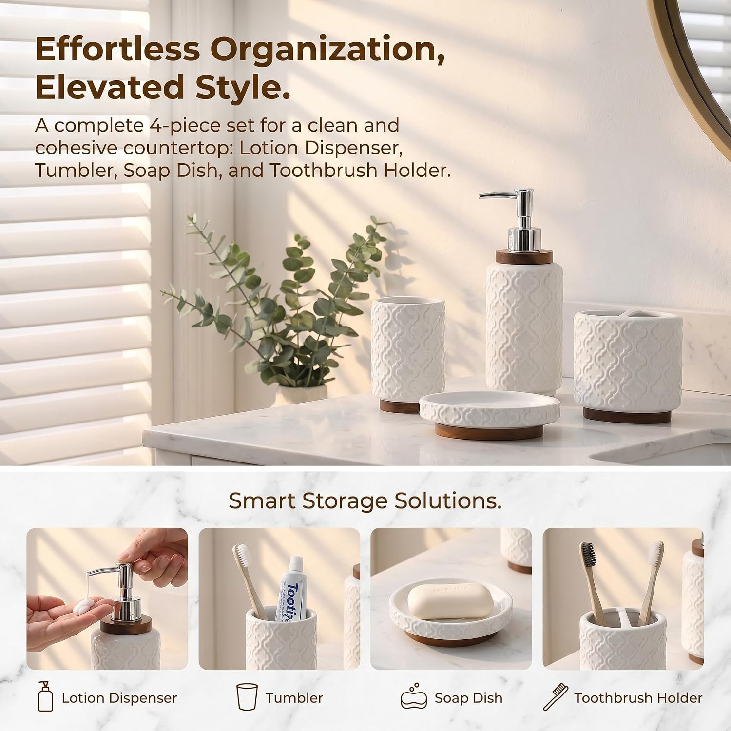 Ceramic 4-Piece Bathroom Accessory Set,White | Ceramic Bathroom Set 4-Piece Countertop Essentials Embossed Textured