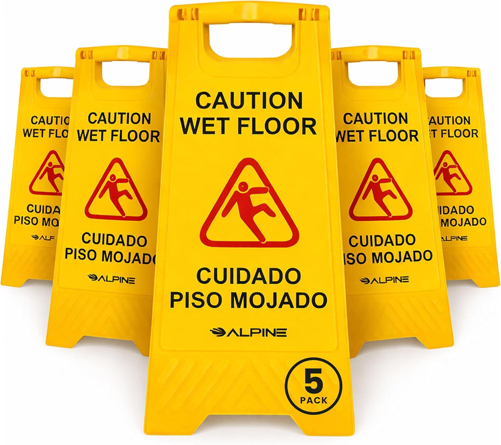Caution Wet Floor Signs 5 Pack - 24 Inch, High Visibility Yellow Slippery When Wet Sign - Bilingual Safety Warning