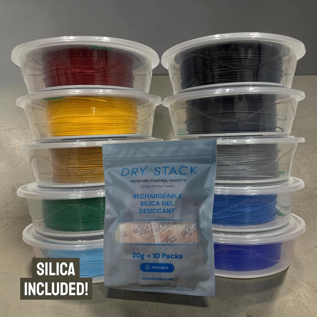 Round Filament Storage, 10-Pack – Stackable Snap-Seal Clear Containers with Rechargeable Silica Desiccant, 1kg