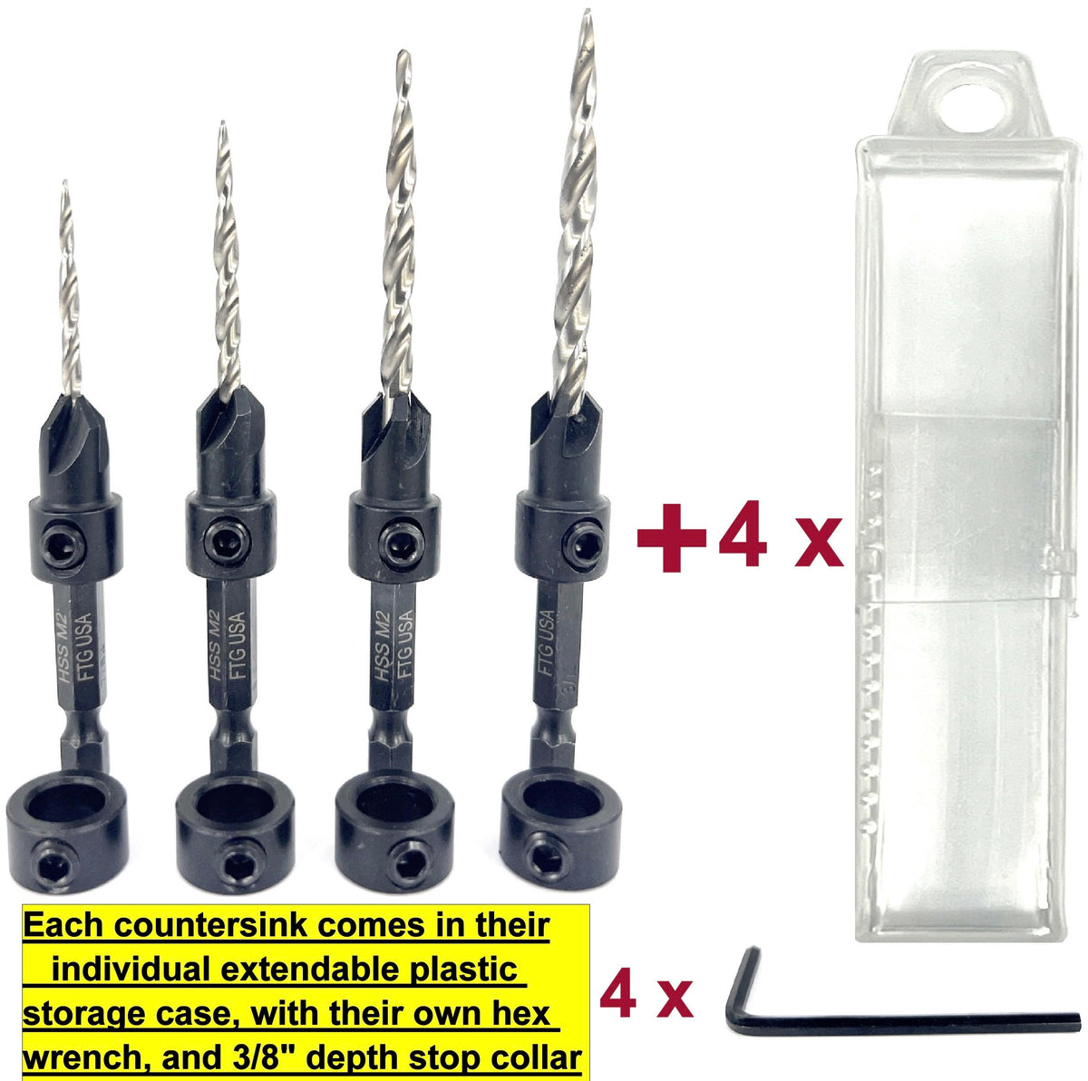 FTG USA 4 Pc #4#6#8#10 Countersink Drill Bit Set with Tapered Drill Bits
