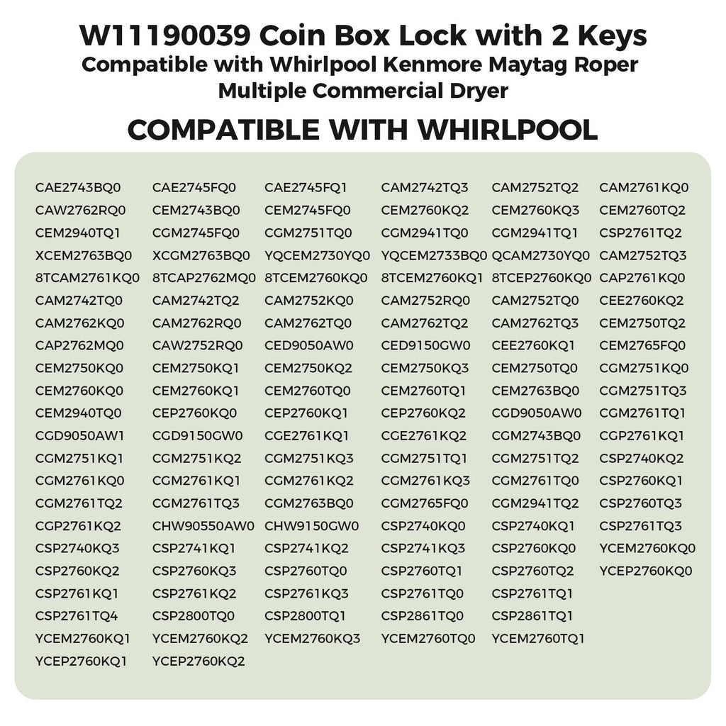 W11190039 Coin Box Lock for Whirlpool Commercial Laundry Washers, 2 Keys