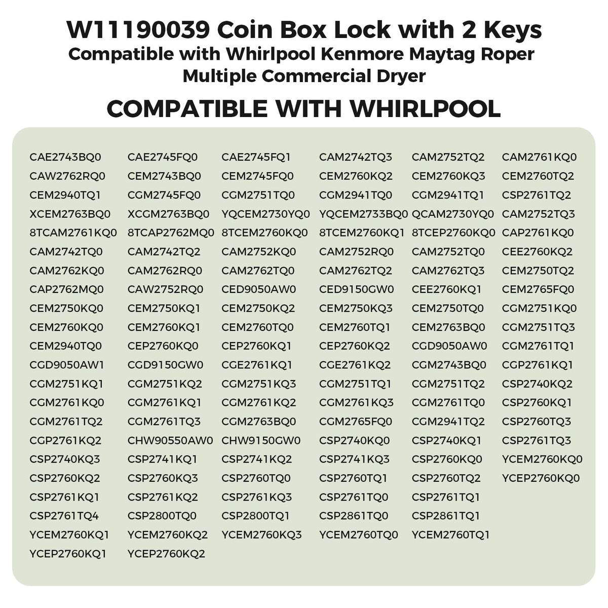 W11190039 Coin Box Lock for Whirlpool Commercial Laundry Washers, 2 Keys