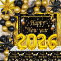 Happy New Year Decorations 2026, New Years Eve Party Supplies 2026 Black and Gold Happy New Year Banner Backdrop New